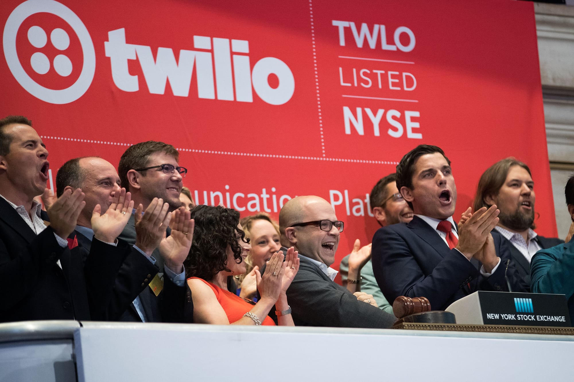 Photo of the Twilio team ringing the opening bell on their IPO day