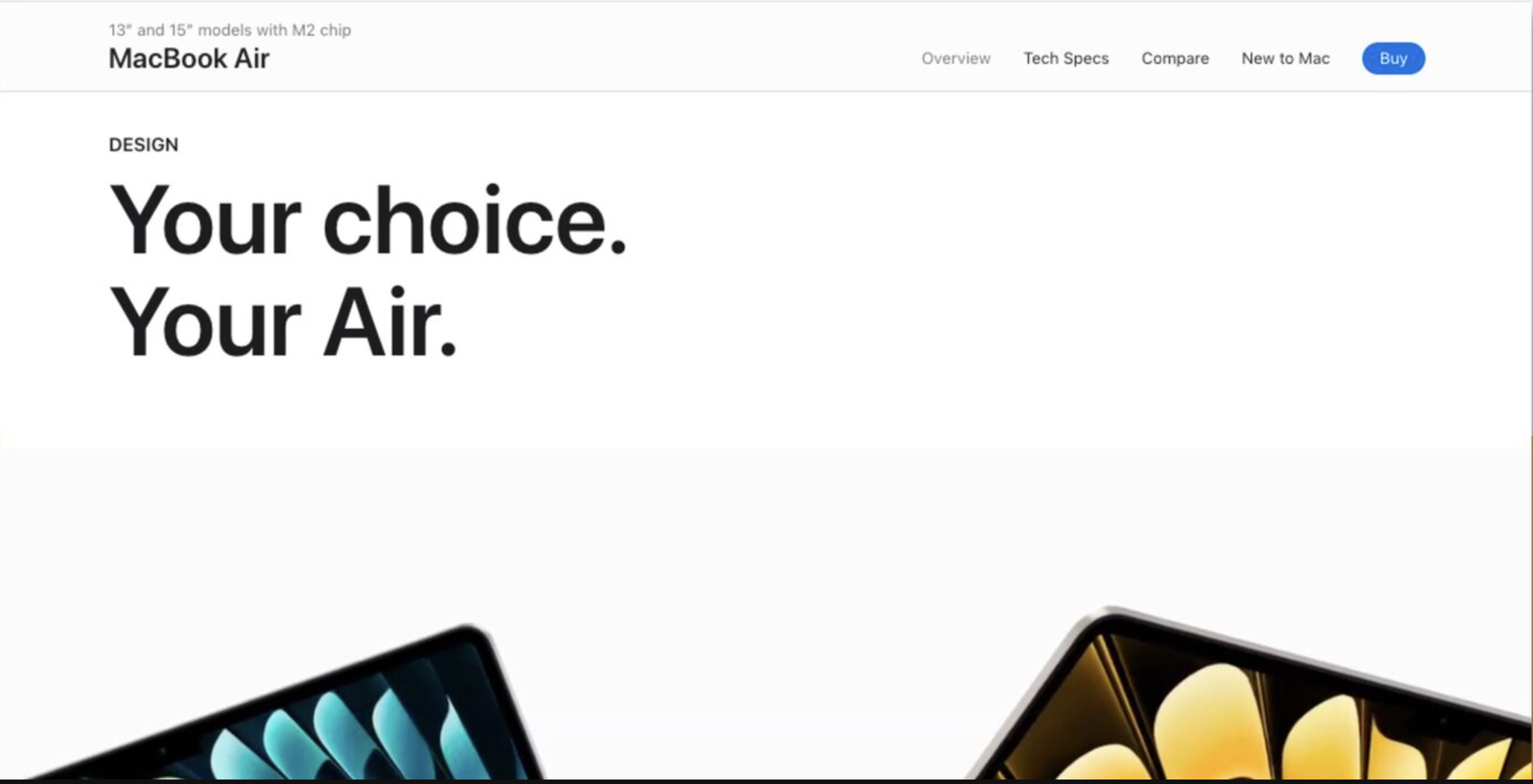 Screenshot of MacBook Pro product page that says "Your choice. Your Air."