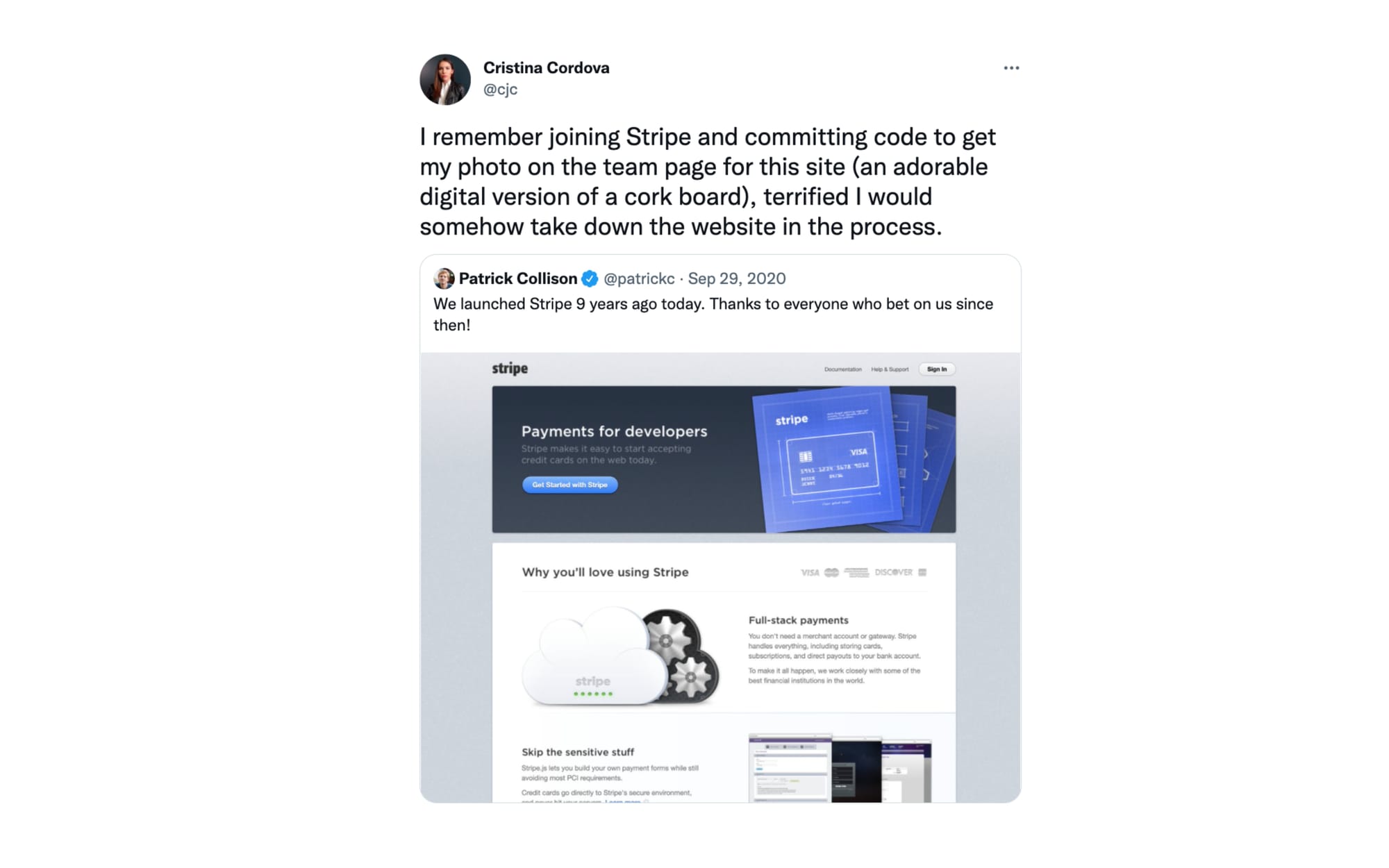 Old tweet from Cristina that describes how she was terrified to commit code to Stripe's team page for the first time.