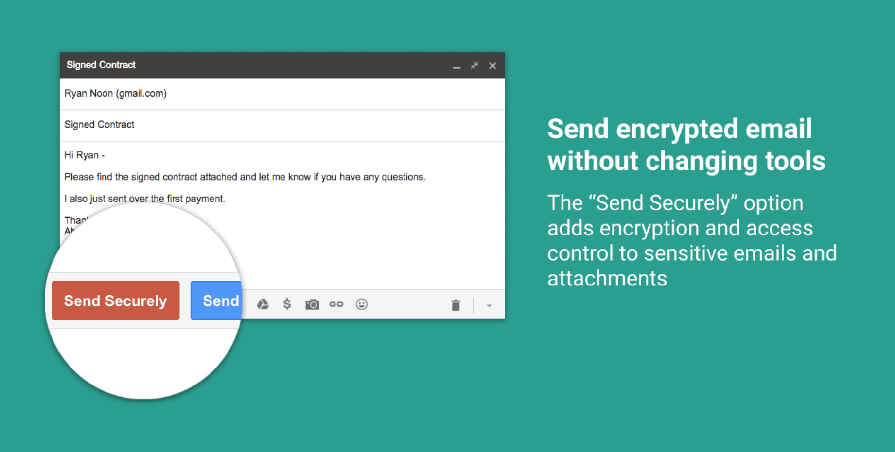 Example pitch deck with the send securely product offering embedded into an Email draft