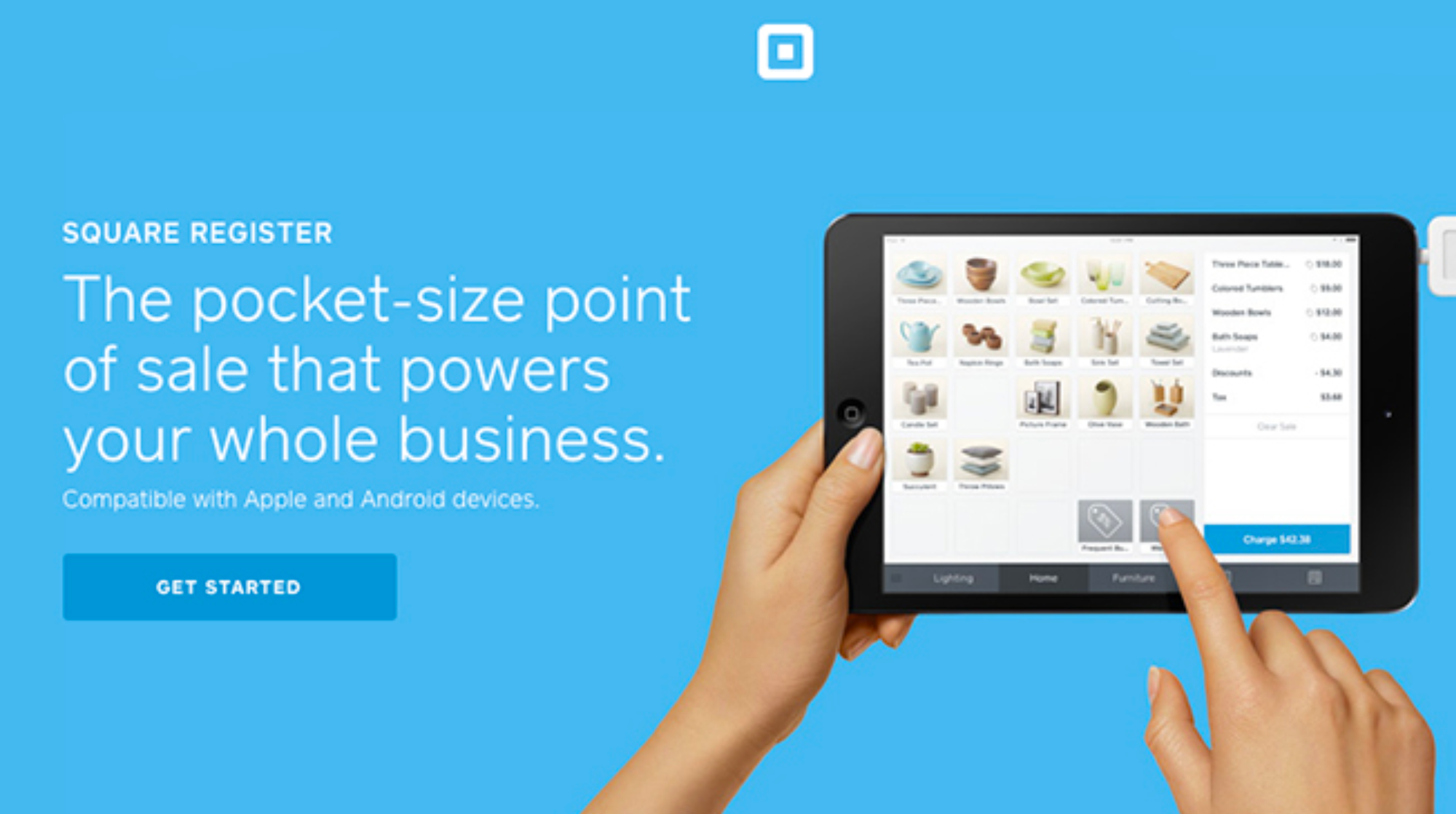 A Square ad with a blue background a photo of an iPad with their product that reads "The pocket-size point of sale that powers your whole business"